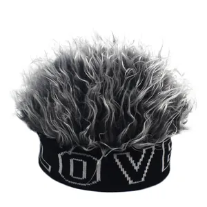 Detail of grey fluffy faux wig hat with LOVE lettered black knit band for hip-hop style