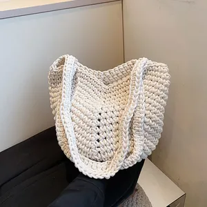 Bohemian style cream woven tote bag in large capacity handmade crochet design