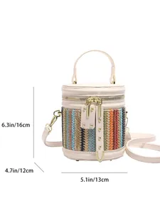 Rainbow woven bucket bag with white leather trim and detachable shoulder strap