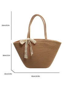 French style woven beach tote bag with lace bow and detailed size dimensions shown