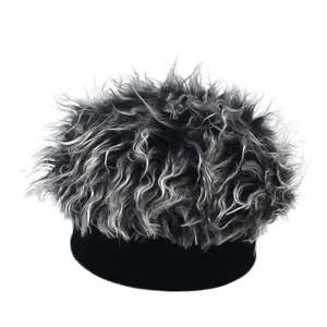 Close-up of hip-hop beanie with realistic grey faux hair and black knitted headband