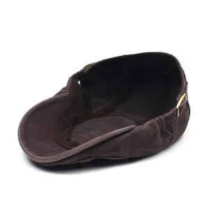 Vintage dark brown washed cotton flat top military cap with adjustable gold buckle for men