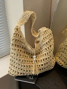 Sac à Bandoulière Bohème en Paille Tressée Avec Glands Pour Femmes Sac de Plage Ajouré Été Avec Décoration de Künstliche Perles Grand Sac Fourre-tout
