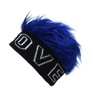 Detail of blue faux fur wig hat with knit LOVE letter pattern for hip-hop style