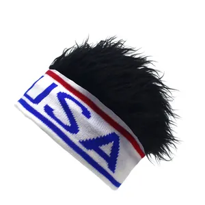 Funny USA knit beanie with black wig hair and athletic headband for hip hop costume