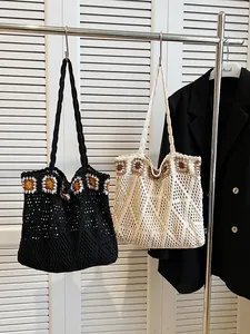Women's Bohemian Woven Crochet Tote Bag Hollow Knitted Shoulder Bag With Sunflower Pattern Large Capacity Vacation Daily Handbag