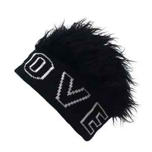 Detail of black knit headband with LOVE letters and long faux fur wig hair texture