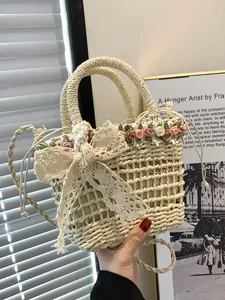 Women Woven Straw Bag With Lace Bow Flower Decor Summer Beach Vacation Crossbody Bucket Bag Top Handle Shoulder Bag