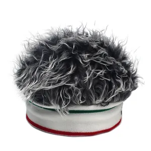 Close-up of knit beanie featuring fuzzy grey wig hair and green red striped band