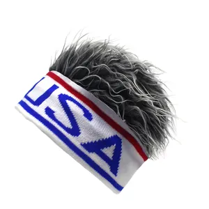 White USA letter sports headband with grey curly wig hair for hip hop and sports costumes