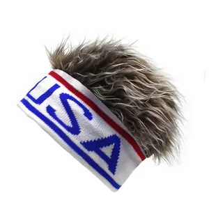 Creative USA knit headband with long brown synthetic hair for sports and parties