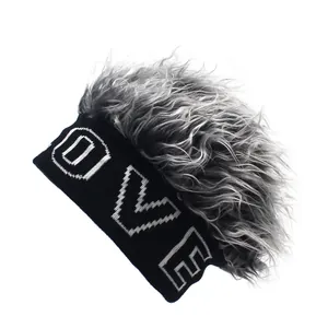 Detailed shot of knitted wig hat with LOVE embroidery and grey faux hair texture