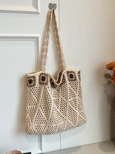 Bohemian knit tote bag with sunflower pattern and hollow mesh crochet design
