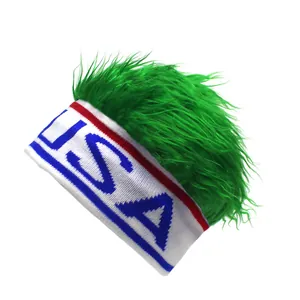 Macro detail of USA knit headband featuring vibrant green wig hair for fans