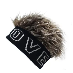 Creative hip hop wig beanie with LOVE embroidery and fluffy faux hair top