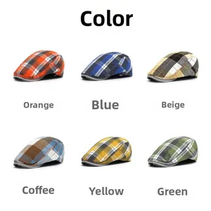 Detail view of plaid newsboy caps in orange, blue, beige, coffee, yellow, and green