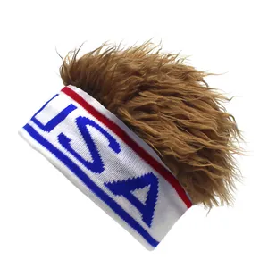 Detail of white knit USA headband with attached curly brown synthetic hair wig