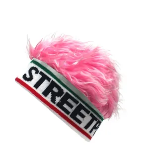 Detail of pink faux fur wig on white knit street style headband with stripe accents
