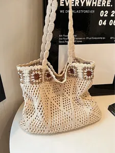 Ethnic knit tote bag with boho floral patterns and large capacity for women