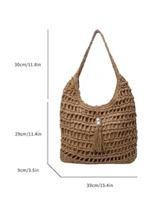 Sac bandoulière de plage bohème en paille avec pompons et perles pour l'été