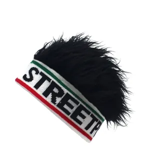 Detail of white knit headband with black long wig and STREETP lettering embroidery