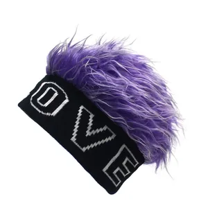 Hip hop beanie featuring black knit base with long purple faux hair and LOVE lettering
