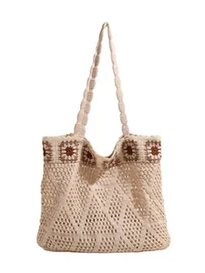 Ethnic crochet tote bag in beige with bohemian floral patterns and hollow knit design