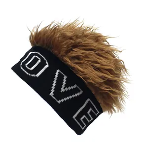 Hip hop knitted beanie with brown wig hair and white LOVE embroidery on black headband