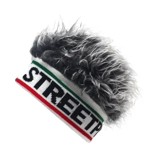 Funny beanie with grey faux hair and streetwear knit patterns for autumn winter