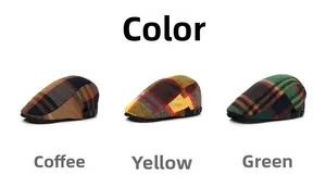Vista detallada de gorras de cuadros en café, amarillo y verde con hebillas ajustables