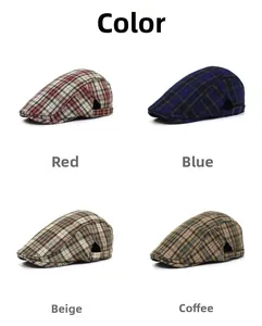 Detail view of plaid beret hats in red blue beige and coffee with metal buckle