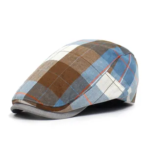 Classic plaid flat cap in retro brown and blue pattern for sun protection outdoors