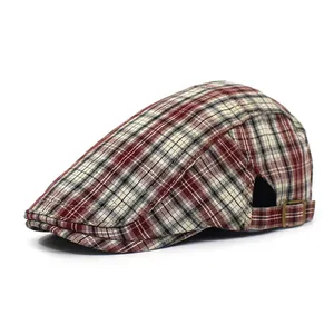 Classic red and black plaid beret hat with breathable cotton fabric and metal buckle