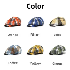 Grid layout showing six colorful plaid beret hats in orange blue beige and green