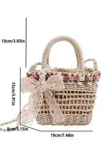 Handwoven straw bucket bag with floral accents and lace bow, 19x15x8cm dimensions