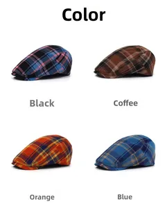 Grid view of classic plaid flat caps in black, coffee, orange and blue color options