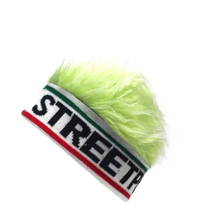 Detailed knit beanie with green faux hair wig and black STREETP letter embroidery