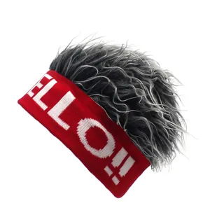Hip hop beanie with grey wig hair and red HELLO!! headband for creative costume styles