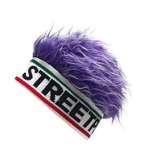 Detail of STREETR knitted headband with purple faux fur wig and elastic white band