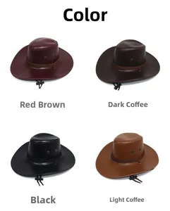 Detail view of four PU leather western cowboy hats showing textures and adjustable wind ropes