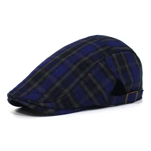 Classic plaid beret hat for women with adjustable metal buckle in blue and black colors