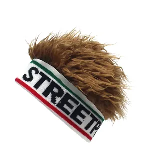 Detail view of hip-hop wig headband with street lettering and colorful stripes