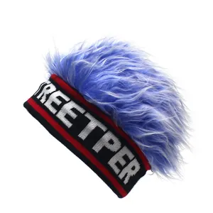 Detail of knit beanie with blue synthetic hair wig and white STREETPER letter embroidery