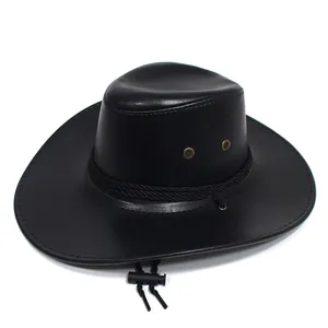 Classic black PU leather western cowboy hat with decorative rope and chin strap