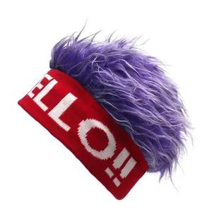 Detail of red knit headband with white HELLO text and purple faux fur wig hair