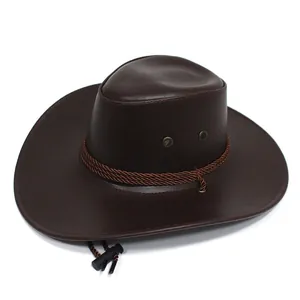 Dark brown PU leather western cowboy hat with woven band and adjustable wind strap