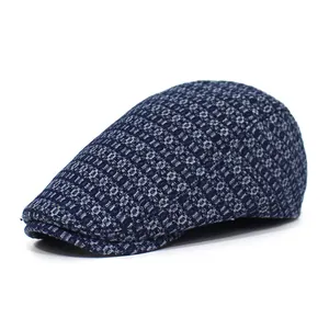 Navy blue jacquard denim flat cap with geometric pattern for outdoor casual wear