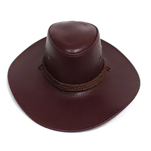Top view of brown PU leather cowboy hat with braided cord and bronze air vents