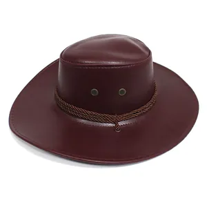 Detailed macro view of deep brown PU leather cowboy hat with braided rope and metal eyelets