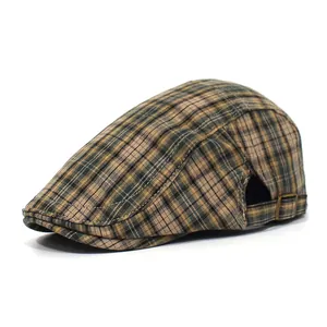 Vintage Plaid Ivy Cap Cotton Newsboy Hat For Men Women Breathable British Flat Cap With Adjustable Metal Buckle Casual Beret